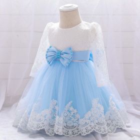 Baby Girl Bow Patched Design Long Sleeves Full Moon Christening Mesh Formal Dress (Color: Blue, Size/Age: 90 (12-24M))