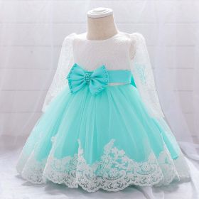 Baby Girl Bow Patched Design Long Sleeves Full Moon Christening Mesh Formal Dress (Color: Green, Size/Age: 90 (12-24M))