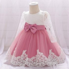 Baby Girl Bow Patched Design Long Sleeves Full Moon Christening Mesh Formal Dress (Color: pink, Size/Age: 73 (6-9M))