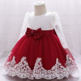 Baby Girl Bow Patched Design Long Sleeves Full Moon Christening Mesh Formal Dress (Color: Wine, Size/Age: 90 (12-24M))