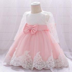 Baby Girl Bow Patched Design Long Sleeves Full Moon Christening Mesh Formal Dress (Color: Light Pink, Size/Age: 90 (12-24M))