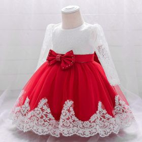 Baby Girl Bow Patched Design Long Sleeves Full Moon Christening Mesh Formal Dress (Color: Red, Size/Age: 80 (9-12M))