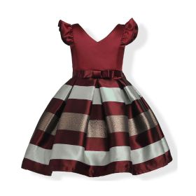 Baby Girl Striped Pattern V-Neck Western Style Formal Dress (Color: Red, Size/Age: 140 (8-10Y))