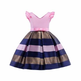 Baby Girl Striped Pattern V-Neck Western Style Formal Dress (Color: pink, Size/Age: 120 (5-7Y))