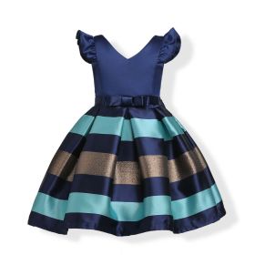 Baby Girl Striped Pattern V-Neck Western Style Formal Dress (Color: Blue, Size/Age: 130 (7-8Y))