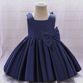 Baby Girl Solid Color Bow Patched Design Sleeveless Western Style Satin Dress (Color: Navy Blue (Dark Blue), Size/Age: 80 (9-12M))