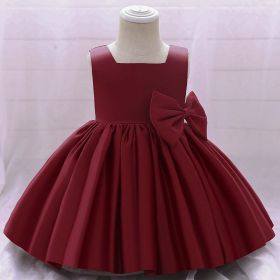 Baby Girl Solid Color Bow Patched Design Sleeveless Western Style Satin Dress (Color: Red, Size/Age: 100 (2-3Y))