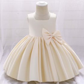 Baby Girl Solid Color Bow Patched Design Sleeveless Western Style Satin Dress (Color: Apricot, Size/Age: 80 (9-12M))