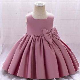 Baby Girl Solid Color Bow Patched Design Sleeveless Western Style Satin Dress (Color: pink, Size/Age: 100 (2-3Y))