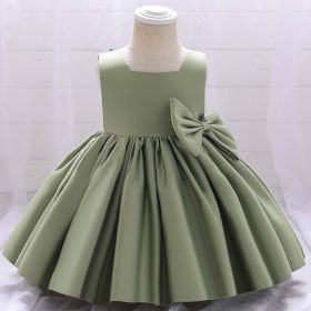 Baby Girl Solid Color Bow Patched Design Sleeveless Western Style Satin Dress (Color: Green, Size/Age: 80 (9-12M))