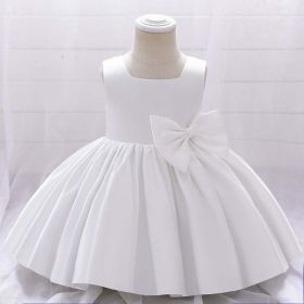 Baby Girl Solid Color Bow Patched Design Sleeveless Western Style Satin Dress (Color: White, Size/Age: 80 (9-12M))