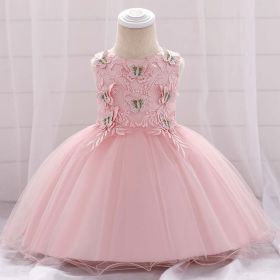 Baby Girl Butterfly Patched Graphic Sleeveless Western Style Baptism Birthday Dress (Color: Light Pink, Size/Age: 59 (0-3M))