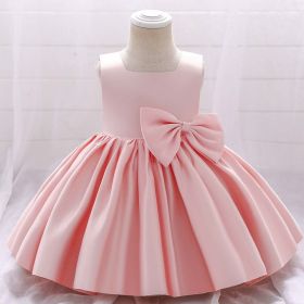 Baby Girl Solid Color Bow Patched Design Sleeveless Western Style Satin Dress (Color: Light Pink, Size/Age: 73 (6-9M))