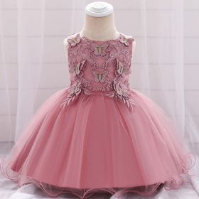 Baby Girl Butterfly Patched Graphic Sleeveless Western Style Baptism Birthday Dress (Color: pink, Size/Age: 59 (0-3M))