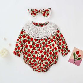 Baby Girl Flower Pattern Labeled Collar Design Long Sleeve Bodysuit (Color: Red, Size/Age: 90 (12-24M))