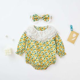 Baby Girl Flower Pattern Labeled Collar Design Long Sleeve Bodysuit (Color: Yellow, Size/Age: 90 (12-24M))