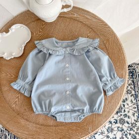 Baby Girl Solid Color Lace Doll Neck Long Sleeve Bodysuit (Color: Blue, Size/Age: 73 (6-9M))