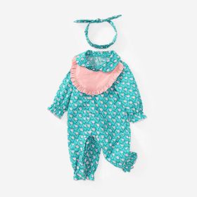 Baby Girl Cherry Print Pattern Detachable Bib Mouth Towel Cute Jumpsuit (Color: Green, Size/Age: 80 (9-12M))