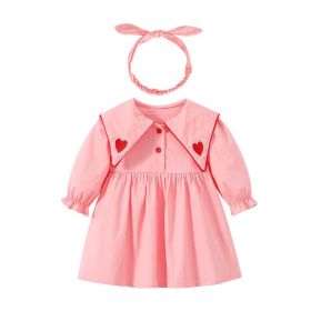 Baby Girl Solid Color A-Line Style Loose Lapel Long Sleeve Dress (Color: pink, Size/Age: 90 (12-24M))