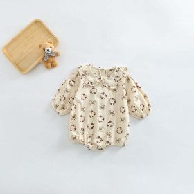 Baby Girl Flower Bear Print Pattern Doll Neck Sweet Bodysuit (Color: Beige, Size/Age: 100 (2-3Y))