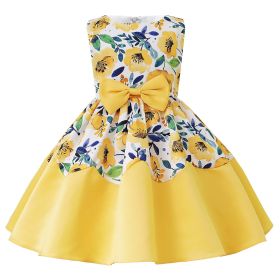 Baby Girl Flower Graphic Bow Patched Design Princess Screen Dress (Color: Yellow, Size/Age: 110 (3-5Y))