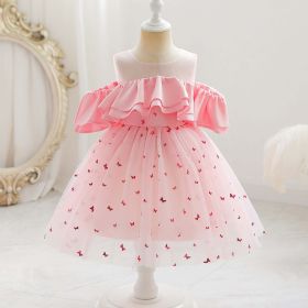 Baby Girl Sequin Patched Design Mesh Patchwork Formal Princess Dress (Color: pink, Size/Age: 130 (7-8Y))