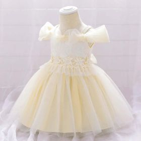 Newborn Baby Girl Birthday Baptism Dress One Shoulder Puff Sleeves Princess Dress (Color: Apricot, Size/Age: 73 (6-9M))