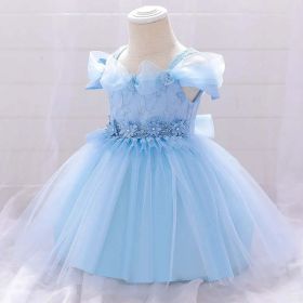 Newborn Baby Girl Birthday Baptism Dress One Shoulder Puff Sleeves Princess Dress (Color: Blue, Size/Age: 90 (12-24M))