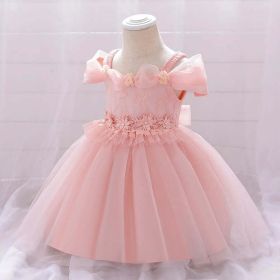 Newborn Baby Girl Birthday Baptism Dress One Shoulder Puff Sleeves Princess Dress (Color: pink, Size/Age: 90 (12-24M))