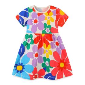 Baby Girl All Over Floral Pattern Crewneck Short Sleeve Dress (Color: Red, Size/Age: 100 (2-3Y))