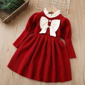 Baby Bow Patched Design Puff Sleeve Princess Dress (Color: Red, Size/Age: 90 (12-24M))