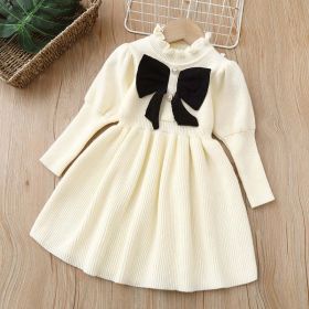 Baby Bow Patched Design Puff Sleeve Princess Dress (Color: White, Size/Age: 110 (3-5Y))